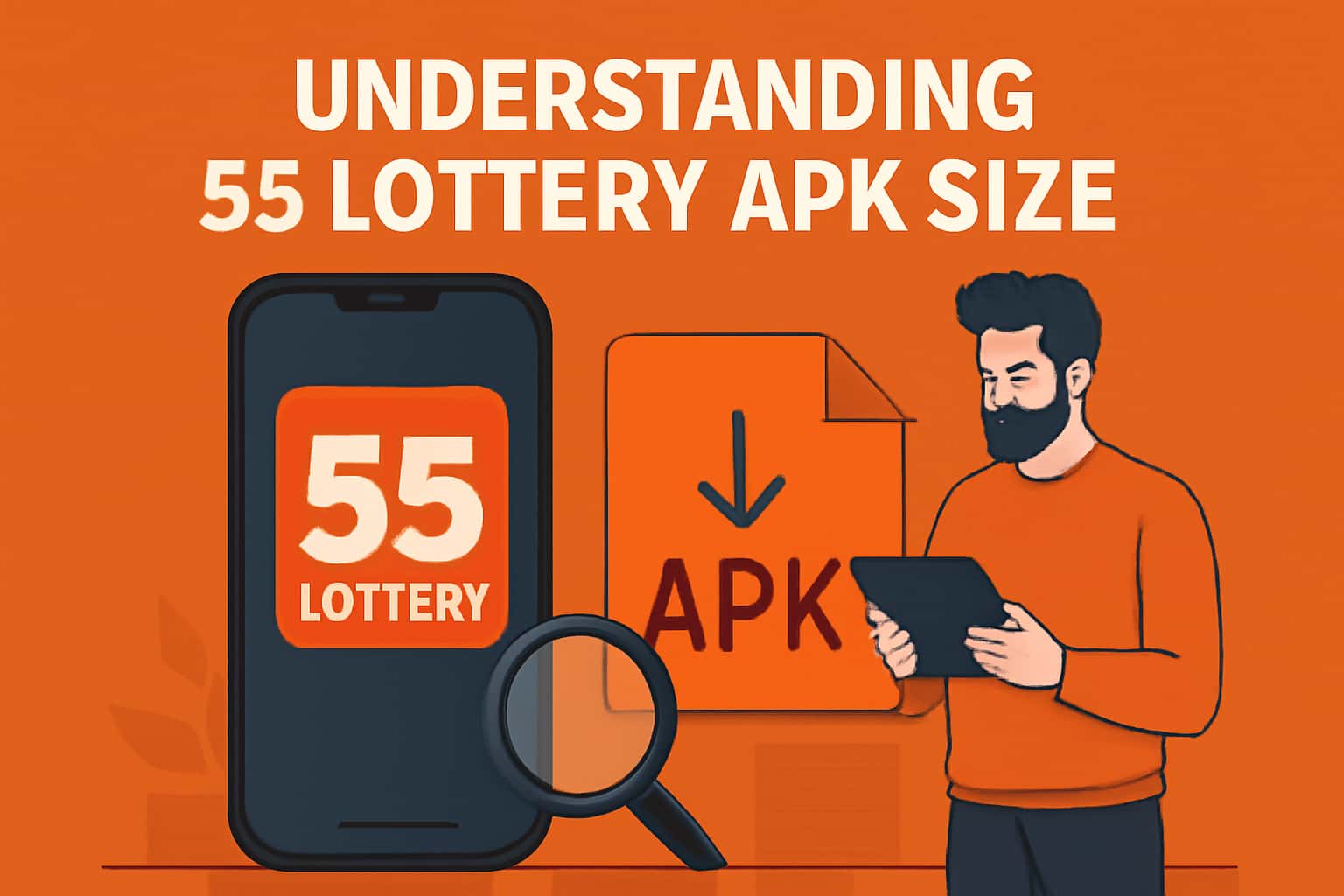 A futuristic depiction of APK size understanding for 55 Lottery with highlighted text.