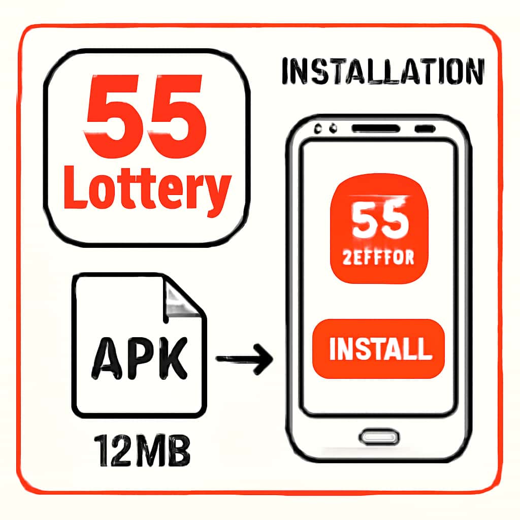 Diagram explaining APK size and installation for 55 Lottery.