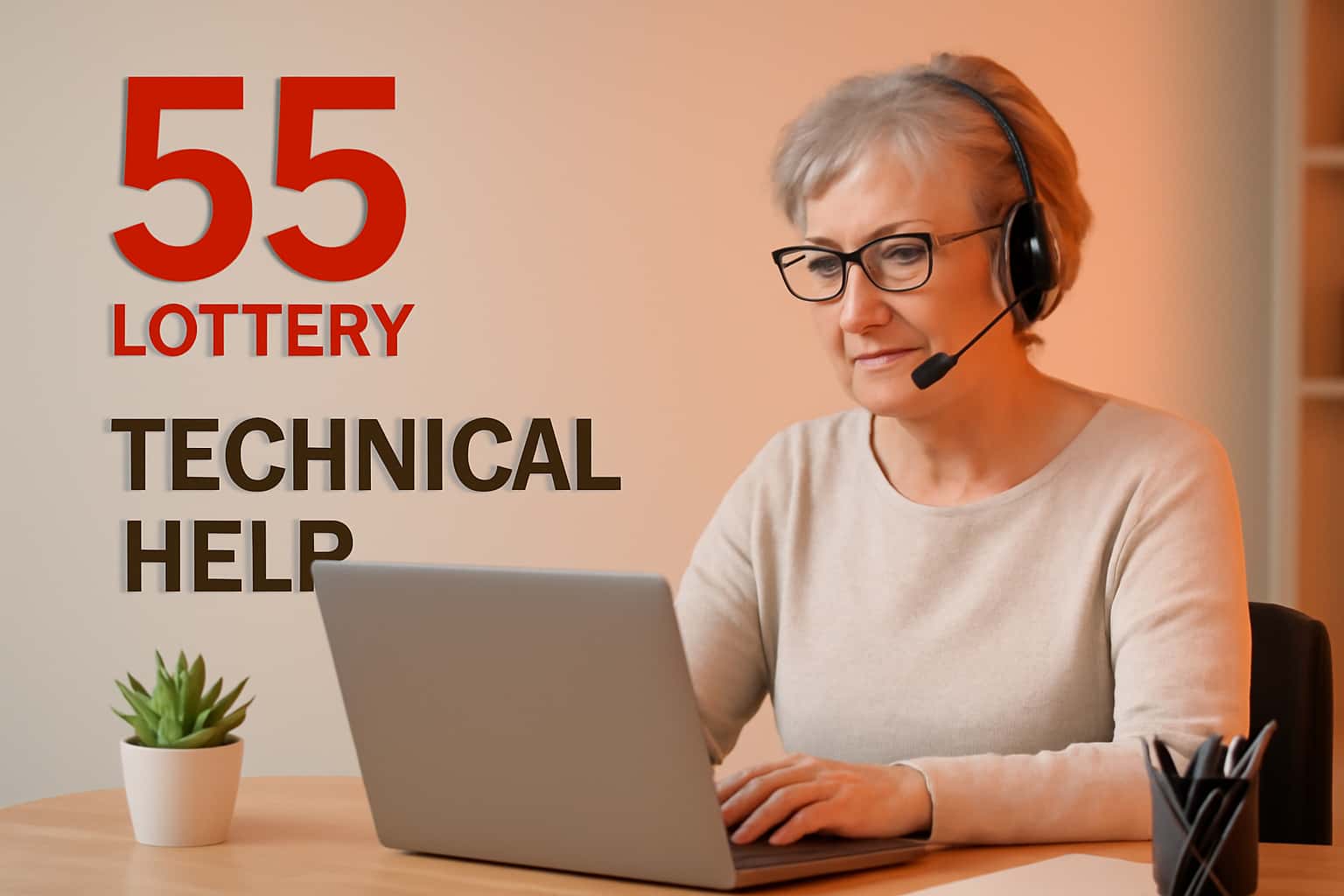 Informational scene illustrating technical support for 55 Lottery users.