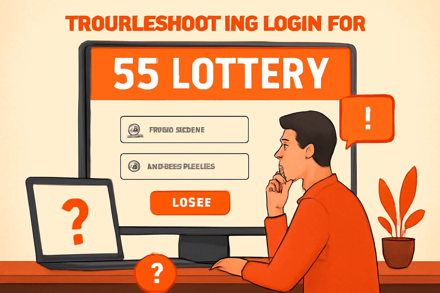 Informational scene on troubleshooting login for 55 Lottery with appropriate visual elements.